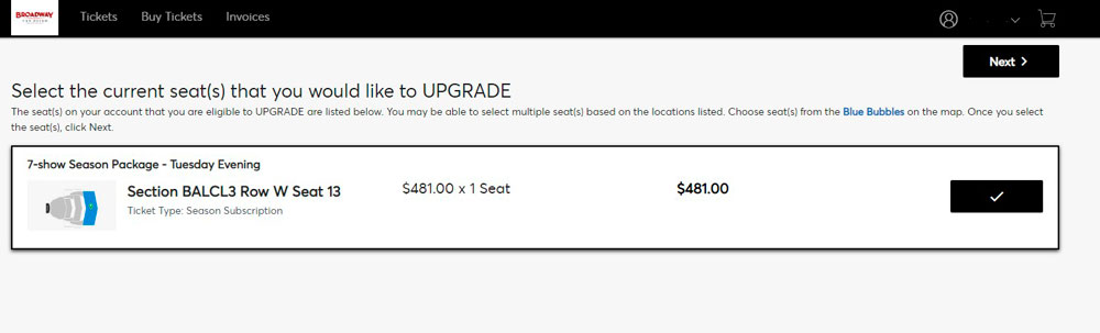 My Upgrade - Step 2 screenshot - Select the current seats that you would like to upgrade