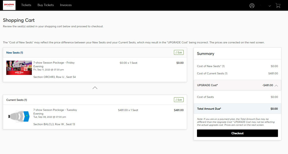 My Upgrade - Step 5 screenshot - Review your seat locations in the shopping cart